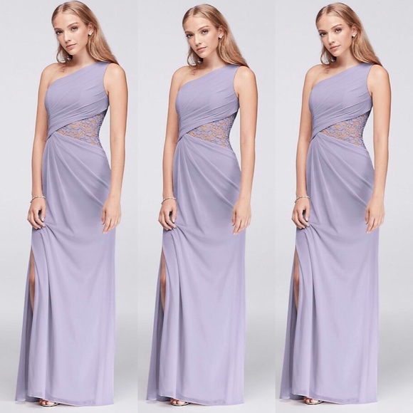 one shoulder mesh dress with lace inset